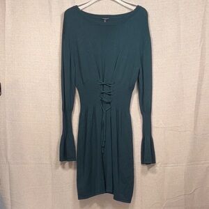 Express Green Ruched Sheath Dress with Bell Sleeves